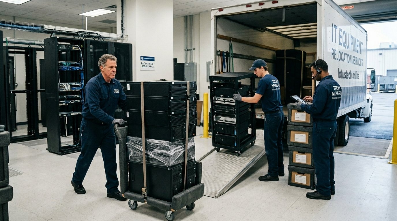 Professional IT equipment movers carefully transporting and relocating sensitive server and computer hardware in a secure data center environment